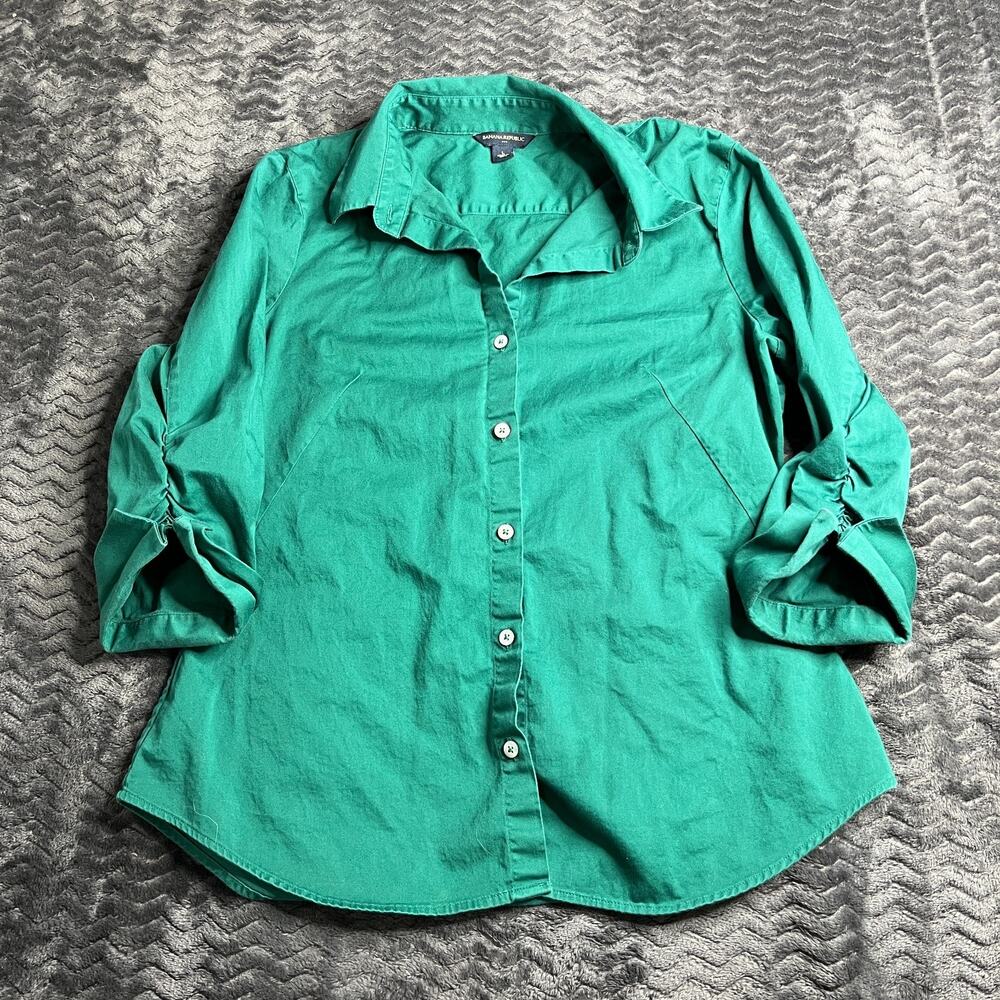 Banana Republic 3/4 Rouched Sleeve Kelly Green Button Up Fitted Top Blouse Sz L